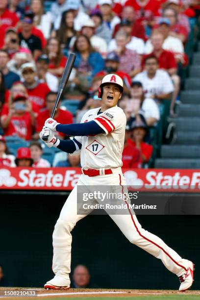 Shohei Ohtani of the Los Angeles Angels at bat against the Arizona Diamondbacks in the first inning at Angel Stadium of Anaheim on July 01, 2023 in...