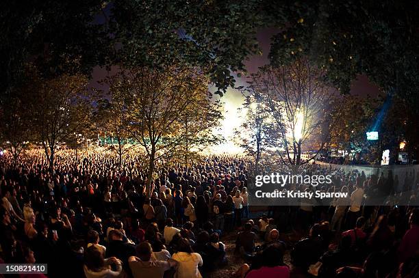 General view of the crowd during the 10th annual Rock En Seine Festival at the Domaine National de Saint-Cloud park on August 26, 2012 in Paris,...