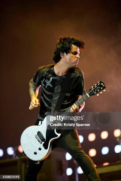 Billie Joe Armstrong of Green Day performs onstage during the 10th annual Rock En Seine Festival at the Domaine National de Saint-Cloud park on...