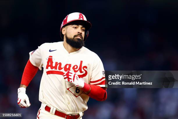 Anthony Rendon of the Los Angeles Angels hits a home run against the Arizona Diamondbacks in the fourth inning at Angel Stadium of Anaheim on July...