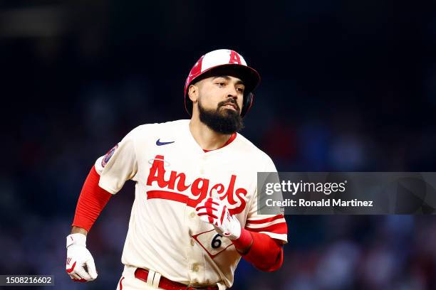 Anthony Rendon of the Los Angeles Angels hits a home run against the Arizona Diamondbacks in the fourth inning at Angel Stadium of Anaheim on July...