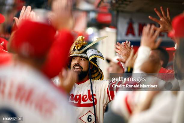 Anthony Rendon of the Los Angeles Angels celebrates a home run against the Arizona Diamondbacks in the fourth inning at Angel Stadium of Anaheim on...