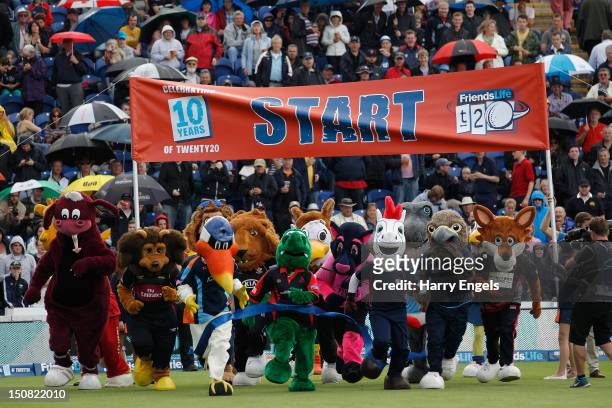 The team mascots compete in the annual mascot race prior to the Friends Life T20 Semi Final match between Hampshire and Somerset at the SWALEC...