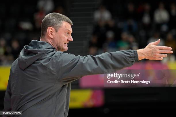 Guy Molloy, coach of New Zealand reacts during the 3rd place 2023 FIBA Women's Asia Cup match between Australia and New Zealand at Sydney Olympic...