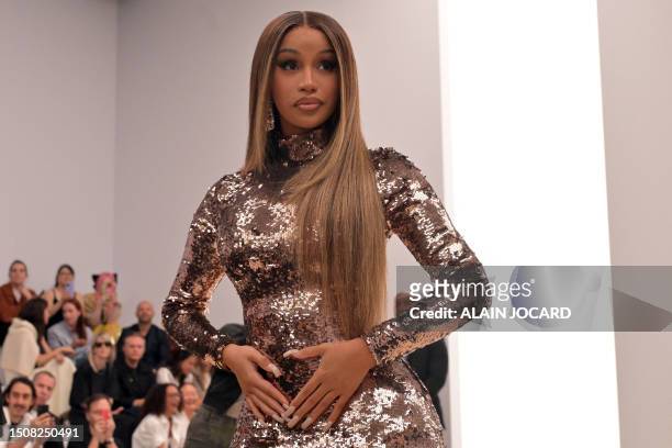 Rapper Cardi B poses ahead of the show by Fendi for the Women's Haute-Couture Fall/Winter 2023/2024 Fashion Week in Paris on July 6, 2023.