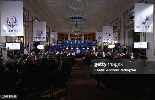 General view of the room whilst Jose Maria Olazabal, Captain of The European Ryder Cup team, addresses the media as the European Ryder Cup wildcard...