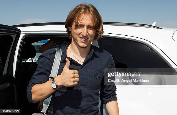 Real Madrid new signing Luka Modric arrives at Torrejon Airport on August 27, 2012 in Madrid, Spain.