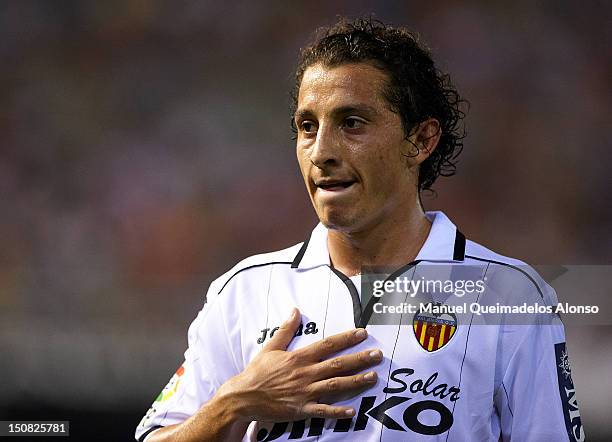 Andres Guardado of Valencia looks on during the La Liga match between Valencia and Deportivo at Estadio Mestalla on August 26, 2012 in Valencia,...