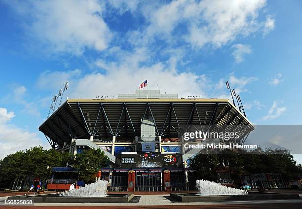 General exterior view of the Arthur Ashe Stadium is seen prior to the start of play on Day One of the 2012 US Open at USTA Billie Jean King National...