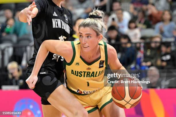 Lauren Nicholson of Australia is challenged during the 3rd place 2023 FIBA Women's Asia Cup match between Australia and New Zealand at Sydney Olympic...