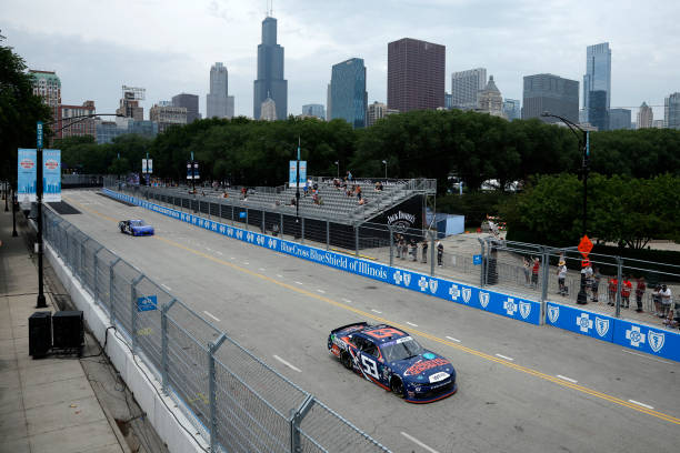 Brad Perez, driver of the Bonesteel Aerospace Chevrolet, drives during qualifying for the NASCAR Xfinity Series The Loop 121 at the Chicago Street...