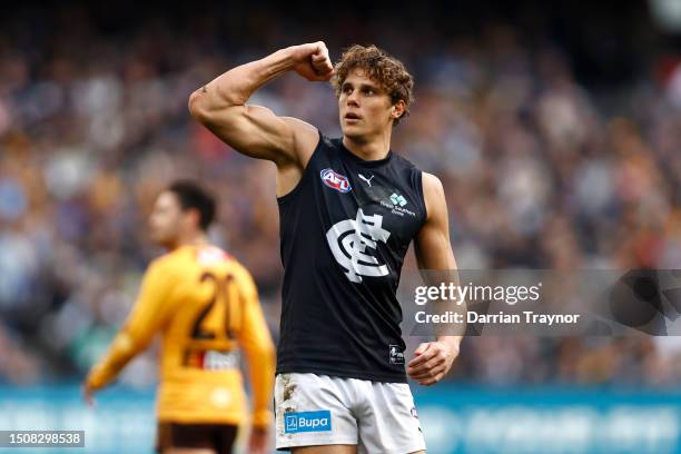 Charlie Curnow of the Blues celebrates a goal during the round 16 AFL match between Hawthorn Hawks and Carlton Blues at Melbourne Cricket Ground, on...