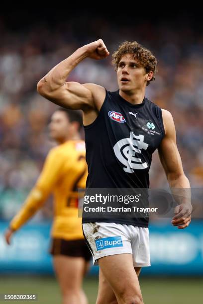 Charlie Curnow of the Blues celebrates a goal during the round 16 AFL match between Hawthorn Hawks and Carlton Blues at Melbourne Cricket Ground, on...