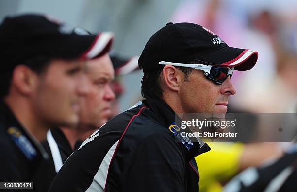 Somerset batsman Marcus Trescothick looks on during the Friends Life T20 Semi Final between Hampshire and Somerset at SWALEC Stadium on August 25,...