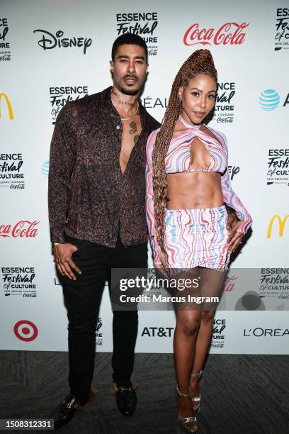 Skyh Black and KJ Smith pose backstage during day 2 of the 2023 ESSENCE Festival Of Culture™ at Caesars Superdome on July 01, 2023 in New Orleans,...