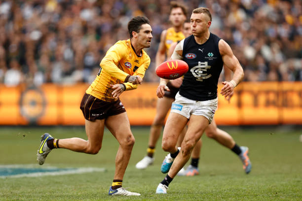 Chad Wingard of the Hawks handballs during the round 16 AFL match between Hawthorn Hawks and Carlton Blues at Melbourne Cricket Ground, on July 02 in...