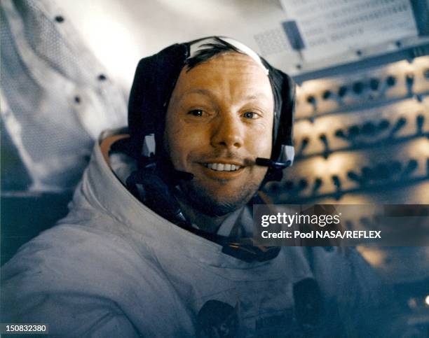 Portrait of Neil Armstrong in the Apollo 11 lunar module on the way back to Earth in July 1969.