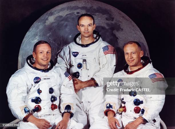 Group portrait of Apollo 11 lunar landing mission astronauts Neil Armstrong, Michael Collins and Edwin Aldrin Jr. In spacesuits in the United States...