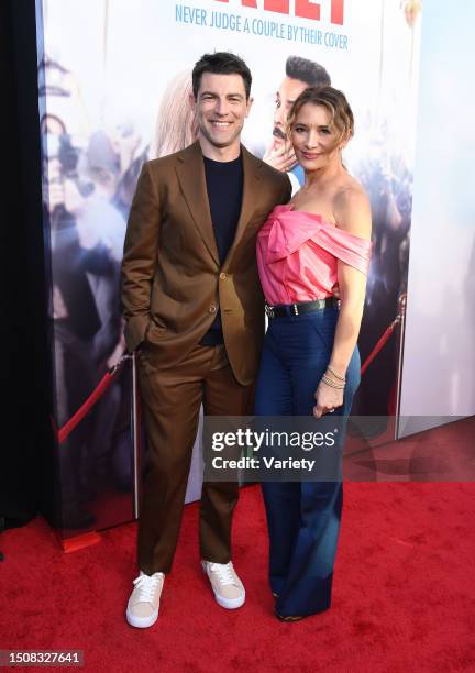 Max Greenfield and wife Tess Sanchez at the premiere of 'The Valet' held at The Montalban Theatre on May 11th, 2022 in Los Angeles, California.