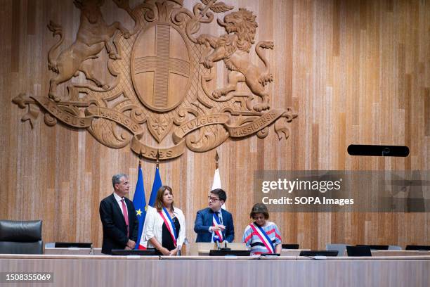 Benoit Payan , Mayor of Marseille, delivers a speech in the town hall council chamber of Marseille. In support of the mayor who was attacked at his...