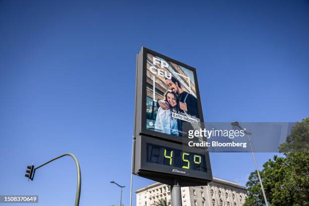 Temperature indicator displays a reading of 45C during high temperatures in Prado de San Sebastian gardens in Seville, Spain, on Wednesday, July 5,...