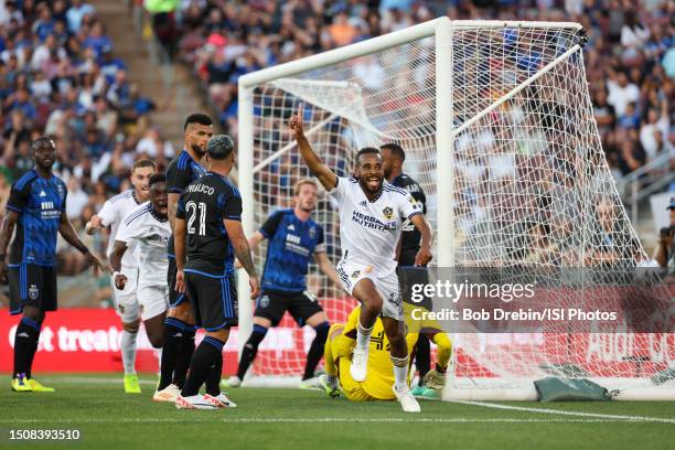 Raheem Edwards of the LA Galaxy celebrates scoring during a game between Los Angeles Galaxy and San Jose Earthquakes at Stanford Stadium on July 1,...