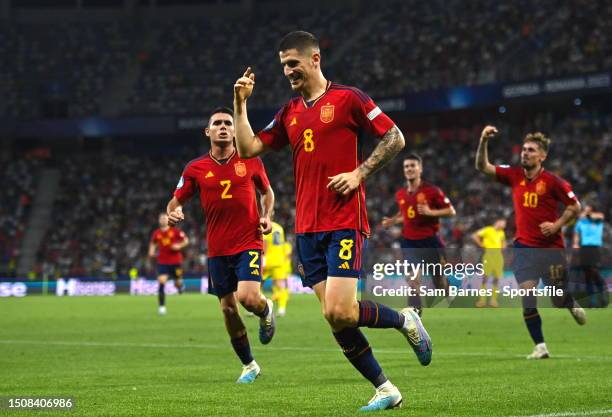Oihan Sancet of Spain, celebrates after scoring his side's second goal during the UEFA Under-21 EURO 2023 Semi-Final match between Spain and Ukraine...