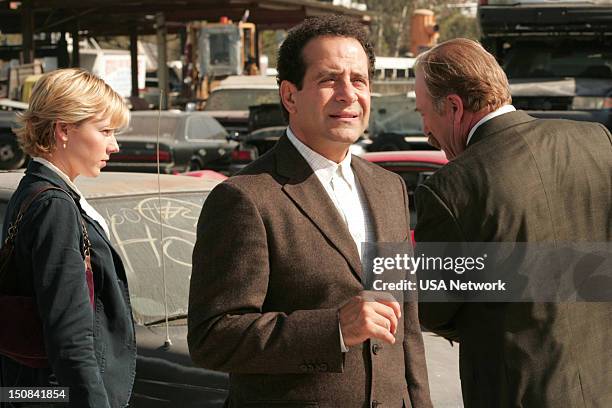 Mr. Monk And The Captain's Marriage" Episode 12 -- Pictured: Traylor Howard as Natalie Teeger, Tony Shalhoub as Adrian Monk, Ted Levine as Leland...