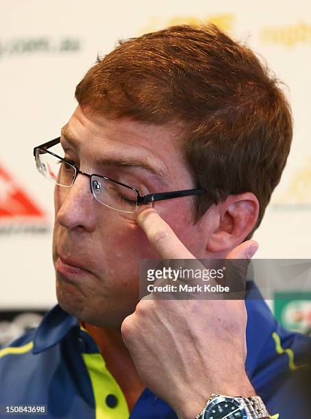 Dan Vickerman wipes his eye after speaking to the media during an Australian Wallabies press conference to announce his retirement at ARU HQ on...