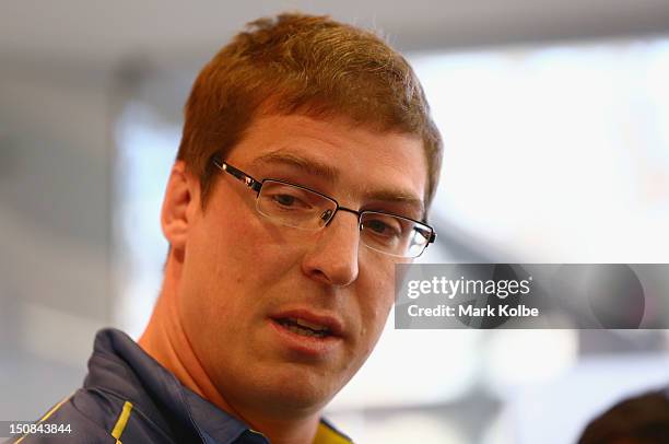 Dan Vickerman speaks to the media during an Australian Wallabies press conference to announce his retirement at ARU HQ on August 28, 2012 in Sydney,...