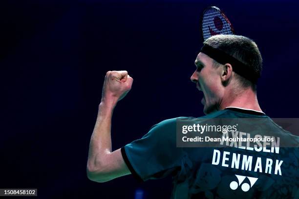 Viktor Axelsen of Denmark celebrates victory against Toma Junior Popov of France during the Badminton Men's Singles Semi-Final match on Day Twelve of...