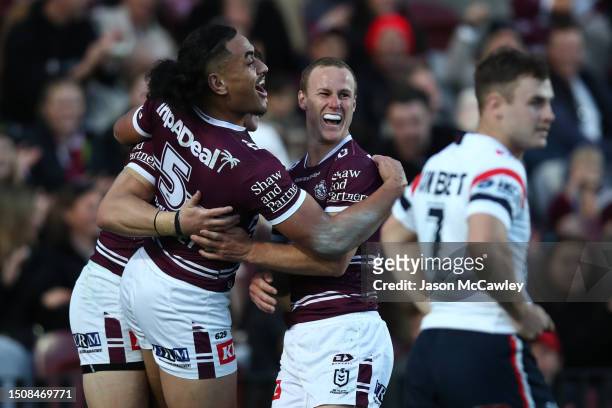 Daly Cherry-Evans of the Sea Eagles celebrates scoring a try during the round 18 NRL match between Manly Sea Eagles and Sydney Roosters at 4 Pines...