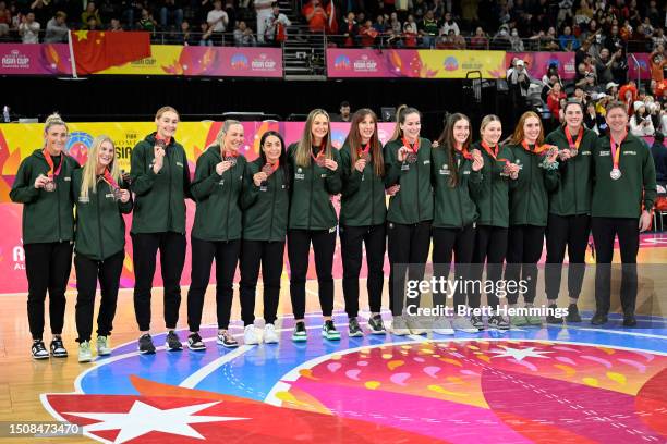 Bronze medallists Team Australia pose during the medal ceremony after the 2023 FIBA Women's Asia Cup Final match between China and Japan at Sydney...