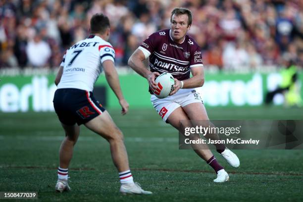 Jake Trbojevic of the Sea Eagles runs the ball during the round 18 NRL match between Manly Sea Eagles and Sydney Roosters at 4 Pines Park on July 02,...