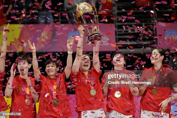 Gold medallists Team China celebrate with the FIBA Women's Asia Cup 2023 Champions Trophy during the medal ceremony after the 2023 FIBA Women's Asia...