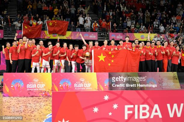 Gold medallists Team China celebrate with the FIBA Women's Asia Cup 2023 Champions Trophy during the medal ceremony after the 2023 FIBA Women's Asia...