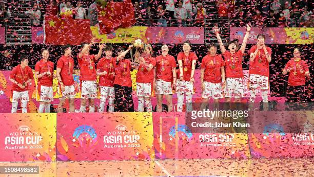 Team China celebrates with the FIBA Women's Asia Cup Trophy during the medal ceremony after the 2023 FIBA Women's Asia Cup Final match between China...