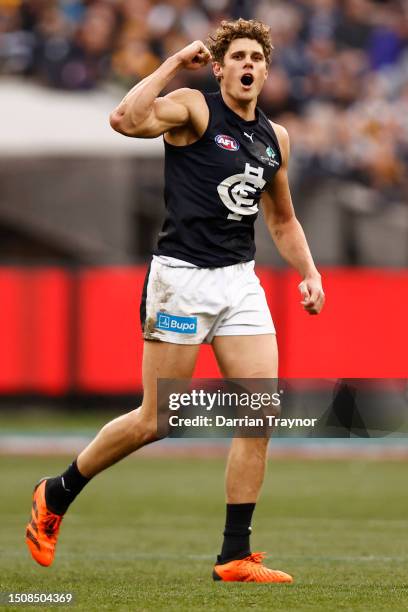 Charlie Curnow of the Blues celebrates a goal during the round 16 AFL match between Hawthorn Hawks and Carlton Blues at Melbourne Cricket Ground, on...