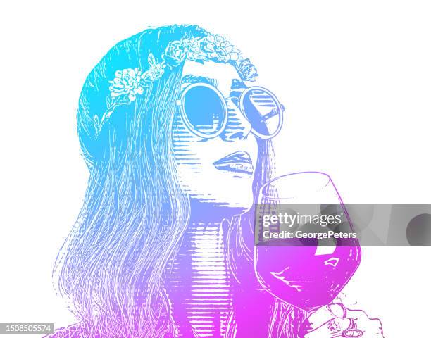 boho-hippie-frau, die ein glas wein trinkt - blauer spätburgunder traube stock-grafiken, -clipart, -cartoons und -symbole