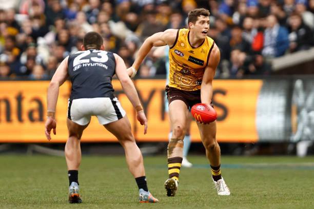 Lloyd Meek of the Hawks handballs during the round 16 AFL match between Hawthorn Hawks and Carlton Blues at Melbourne Cricket Ground, on July 02 in...
