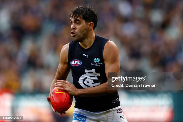 Jack Martin of the Blues ruduring the round 16 AFL match between Hawthorn Hawks and Carlton Blues at Melbourne Cricket Ground, on July 02 in...