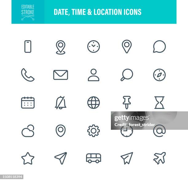 date, time and location icons editable stroke - human settlement stock illustrations