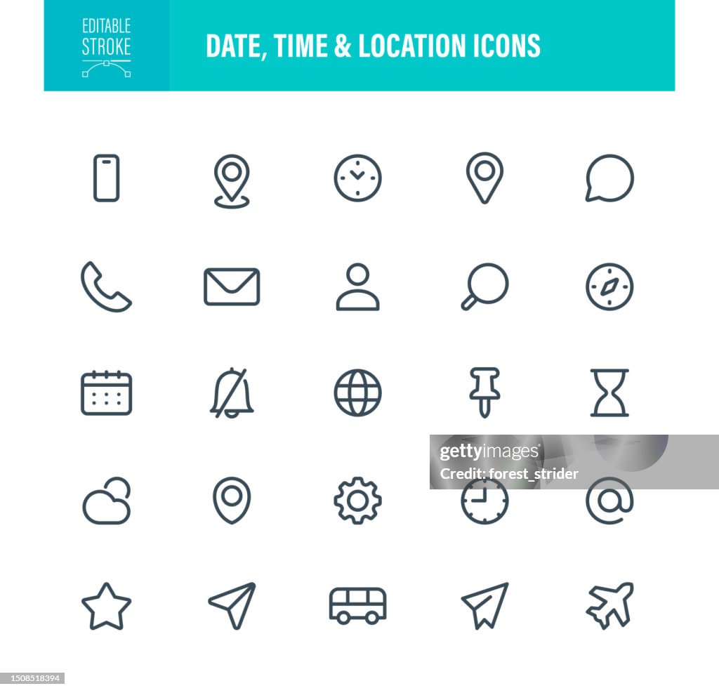 Date, Time and Location Icons Editable Stroke