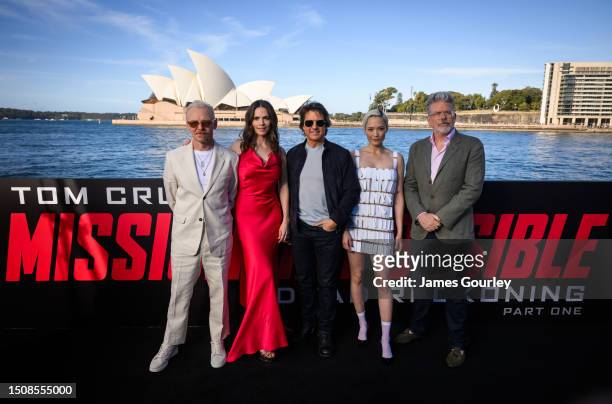 Simon Pegg, Hayley Atwell, Tom Cruise, Pom Klementieff and Christopher McQuarrie attend a photocall in support of "Mission: Impossible - Dead...