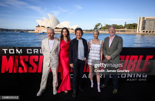 Simon Pegg, Hayley Atwell, Tom Cruise, Pom Klementieff and Christopher McQuarrie attend a photocall in support of "Mission: Impossible - Dead...