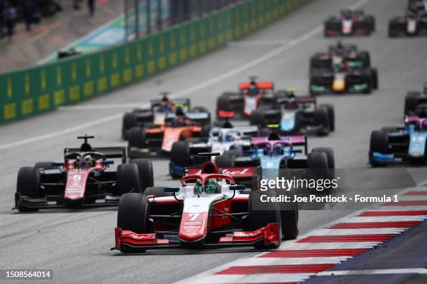 Frederik Vesti of Denmark and PREMA Racing leads the field into turn one at the start during the Round 8:Spielberg Feature race of the Formula 2...