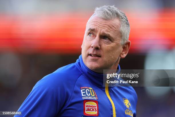 Adam Simpson, head coach of the Eagles looks on during the round 16 AFL match between West Coast Eagles and St Kilda Saints at Optus Stadium, on July...