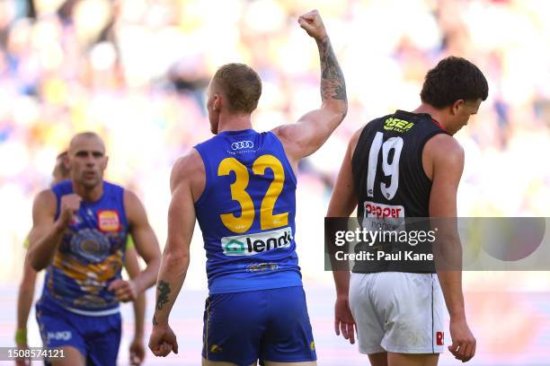 Bailey J. Williams of the Eagles celebrates a goal during the round 16 AFL match between West Coast Eagles and St Kilda Saints at Optus Stadium, on...
