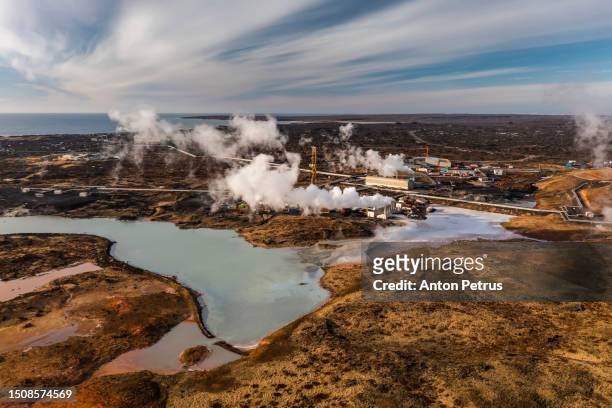 geothermal power plant located at reykjanes peninsula in iceland. aerial view - geothermal power station ストックフォトと画像