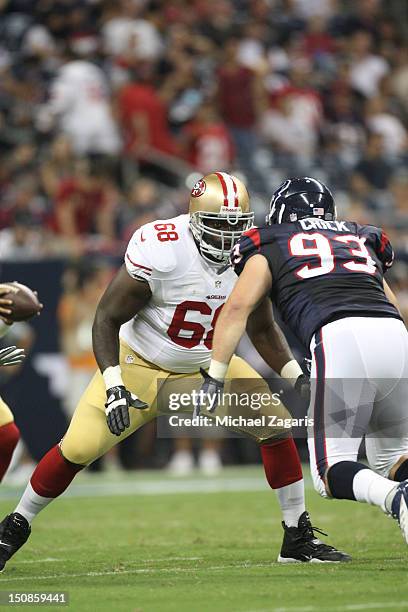 Leonard Davis of the San Francisco 49ers blocks during the game against the Houston Texans at Reliant Stadium on August 18, 2012 in Houston. The...